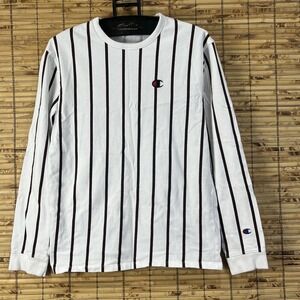 Champion Long Sleeve Shirt Mens Medium White Navy Red Vertical Stripe T-Shirt